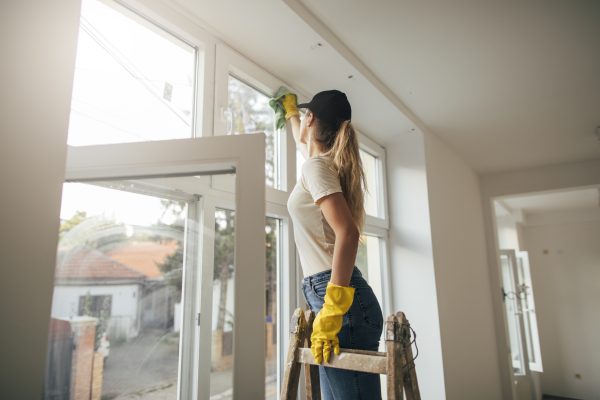 Woman in yellow gloves cleaning window with rag.